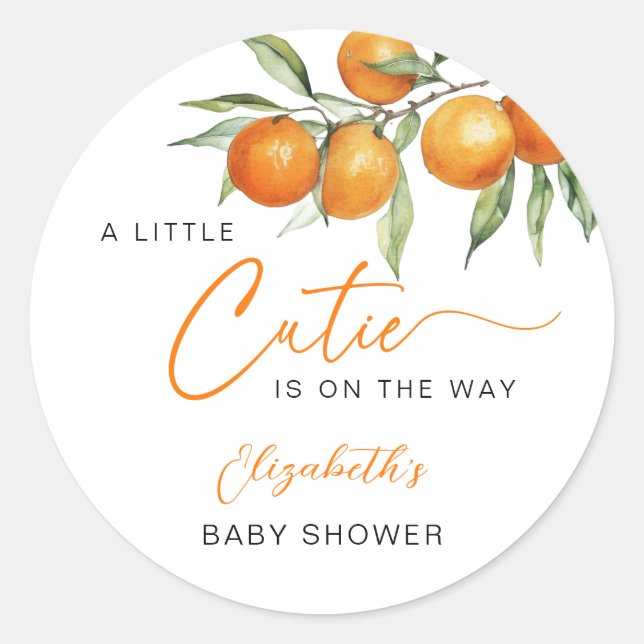 Botanical Citrus Orange Little Cutie Baby Shower Classic Round Sticker (Front)