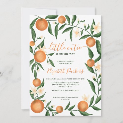 Botanical citrus orange little cutie baby shower invitation