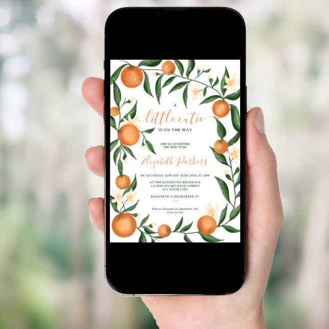 Botanical citrus orange little cutie baby shower invitation (Front Digital)