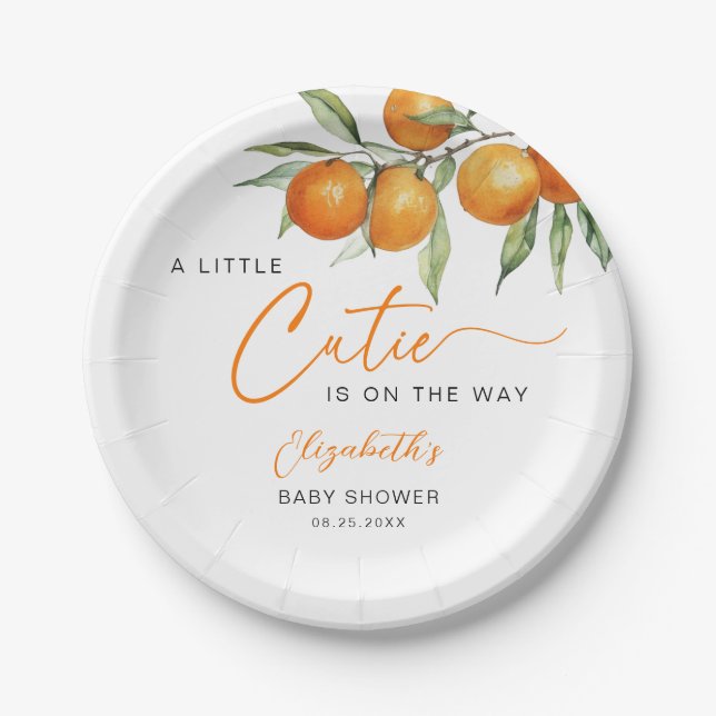 Botanical Citrus Orange Little Cutie Baby Shower Paper Plates (Front)