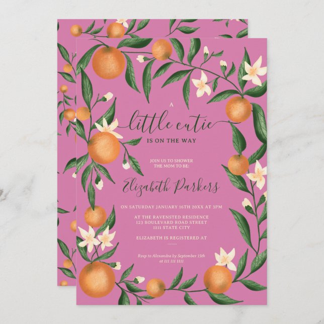 Botanical citrus orange little cutie pink invitation (Front/Back)