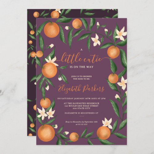 Botanical citrus orange little cutie purple invitation