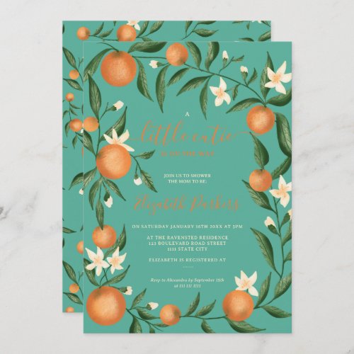 Botanical citrus orange little cutie teal invitation