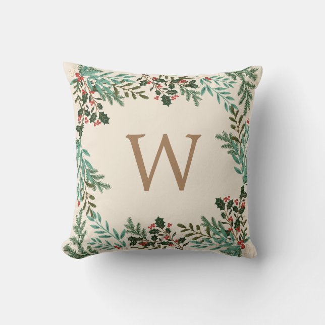 Botanical Classic Monogram Christmas Holiday Throw Pillow (Front)