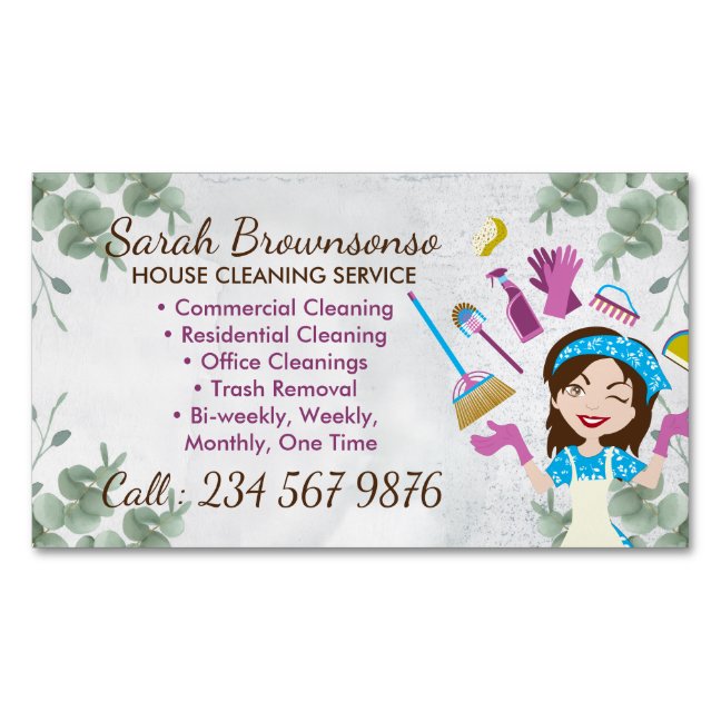 Botanical Cleaning Service Janitorial Lady Washing Business Card Magnet