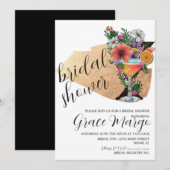 Botanical Cocktail Glitter Black Bridal Shower   Invitation (Front/Back)