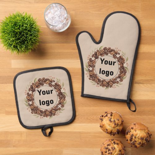 Botanical Coffee Bean Wreath Custom Logo Oven Mitt & Pot Holder Set
