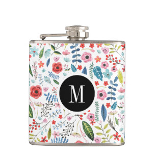 Botanical Colorful Flowers & Leafs Pattern Hip Flask