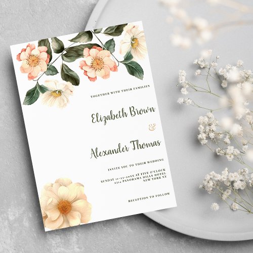 Botanical coral ivory mauve green floral wedding invitation