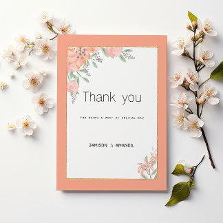 Botanical coral mint gold spring floral Thank You Invitation