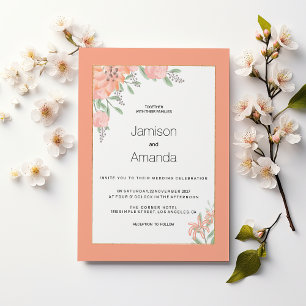Botanical coral mint gold spring floral Wedding Invitation