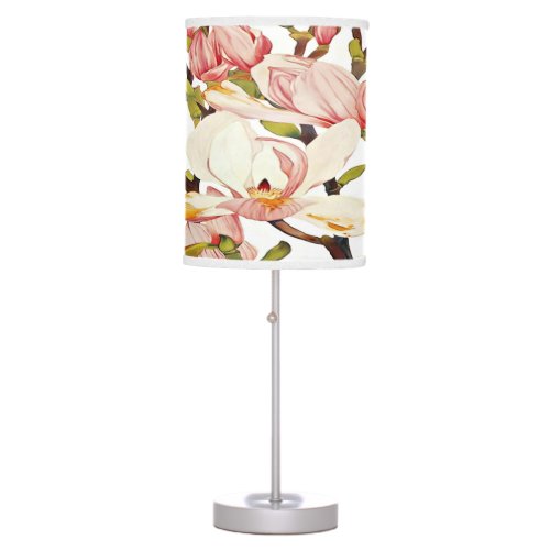 Botanical Coral Pink Magnolia Flowers Floral Art Table Lamp