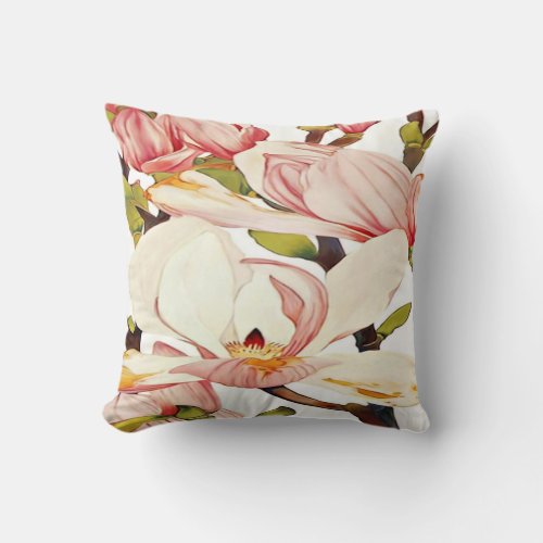 Botanical Coral Pink Magnolia Flowers Floral Art Throw Pillow