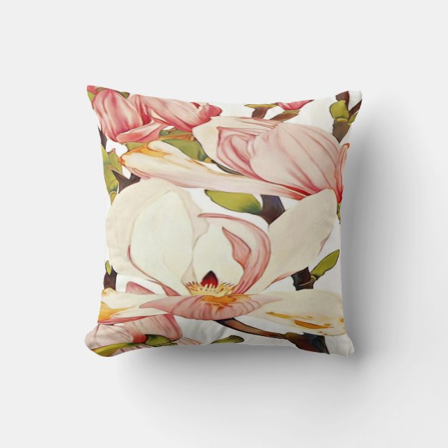 Botanical Coral Pink Magnolia Flowers Floral Art Throw Pillow (Front)