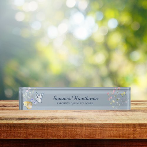 Botanical Cottage Core Floral Butterfly Dusty Blue Desk Name Plate
