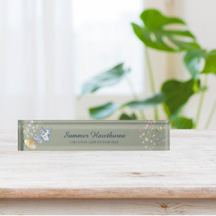 Botanical Cottage Core Floral Butterfly Sage Green Desk Name Plate