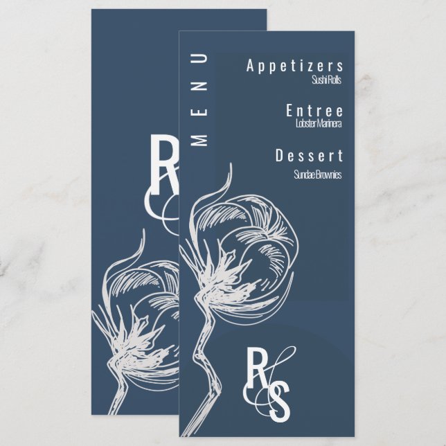 Botanical Cotton Plant Blue Wedding Invitation (Front/Back)