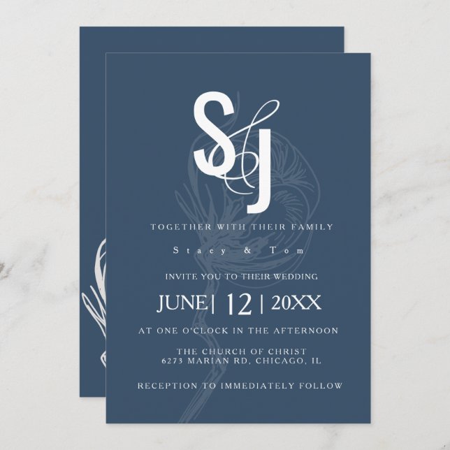 Botanical Cotton Plant Blue Wedding Invitation (Front/Back)