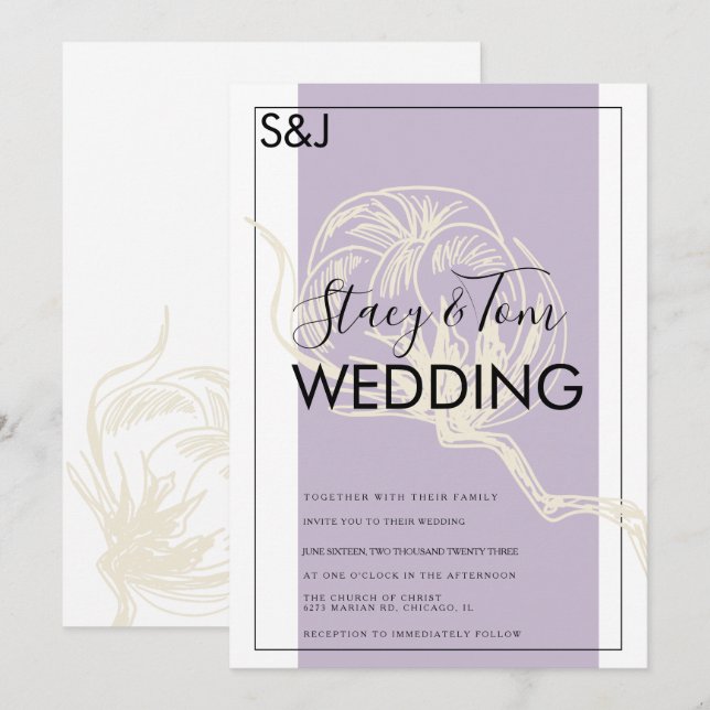 Botanical Cotton Plant Lavender Wedding Invitation (Front/Back)
