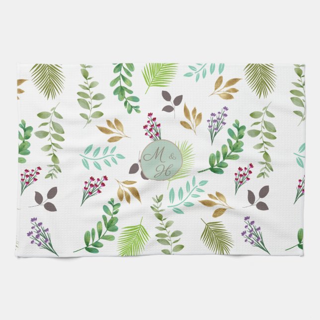 Botanical Couple's Initials Kitchen Towel (Horizontal)