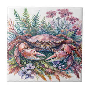 Botanical Crab Sea Life Watercolor Ceramic Tile