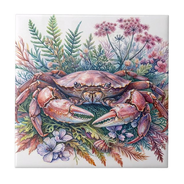 Botanical Crab Sea Life Watercolor Ceramic Tile (Front)