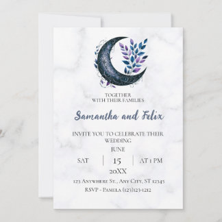 Botanical Crescent Moon Witchcraft Marble Wedding Invitation