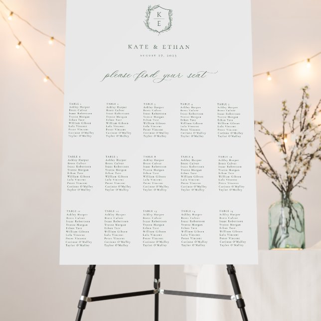 Botanical Crest 15 Table Wedding Seating Chart Foam Board (In Situ (Stand))