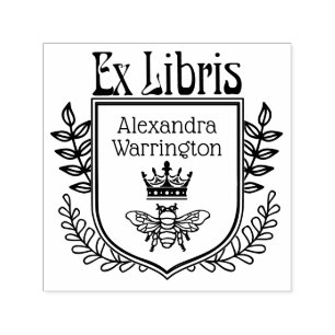 Botanical Crest Bee with Crown Ex Libris Book Name Self-inking Stamp