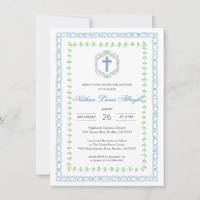 Botanical Crest Blue Cross Baptism Invitation (Front)
