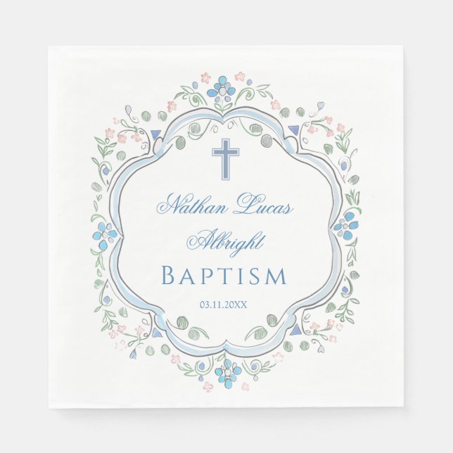 Botanical Crest Blue Cross Baptism Napkins (Front)
