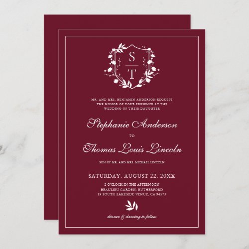 Botanical Crest Burgundy Wedding QR Code Invitation