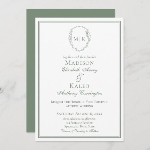 Botanical Crest Classic Elegant Monogram Sage Invitation