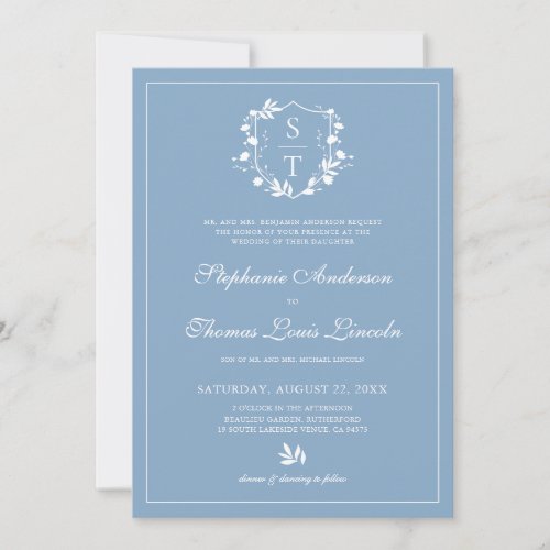 Botanical Crest Dusty Blue Wedding QR Code Invitation
