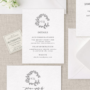 Botanical Crest Elegant Monogram Wedding Details Letterpress Enclosure Card