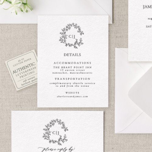 Botanical Crest | Elegant Monogram Wedding Details Letterpress Enclosure Card