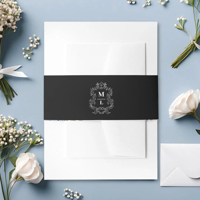 Botanical Crest Monogram Black Wedding Invitation Belly Band (Botanical crest monogram black belly band adds elegant, personalized charm.)
