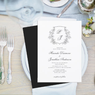 Botanical Crest Monogram Black White Wedding Invitation
