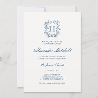 Botanical crest monogram christening baptism invitation