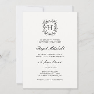 Botanical crest monogram christening baptism invitation