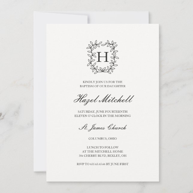 Botanical crest monogram christening baptism invitation (Front)