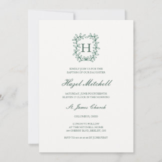 Botanical crest monogram christening baptism invitation