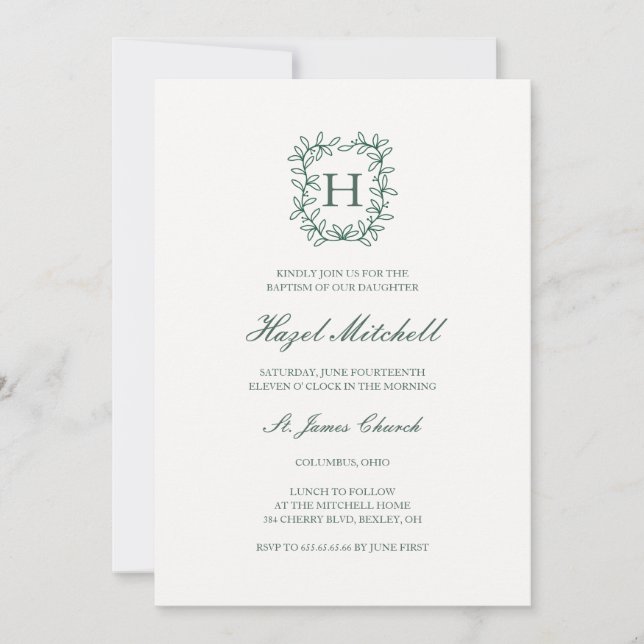 Botanical crest monogram christening baptism invitation (Front)