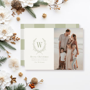 Botanical Crest Monogram Sage Christmas Photo Holiday Card