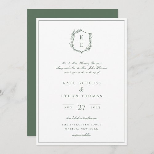 Botanical Crest Monogram Sage Green Wedding Invitation