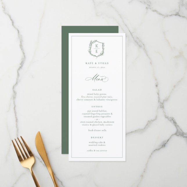 Botanical Crest Monogram Sage Wedding Menu (Front/Back In Situ)