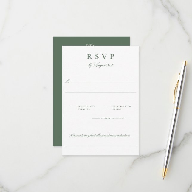 Botanical Crest Monogram Sage Wedding RSVP Card (Front/Back In Situ)