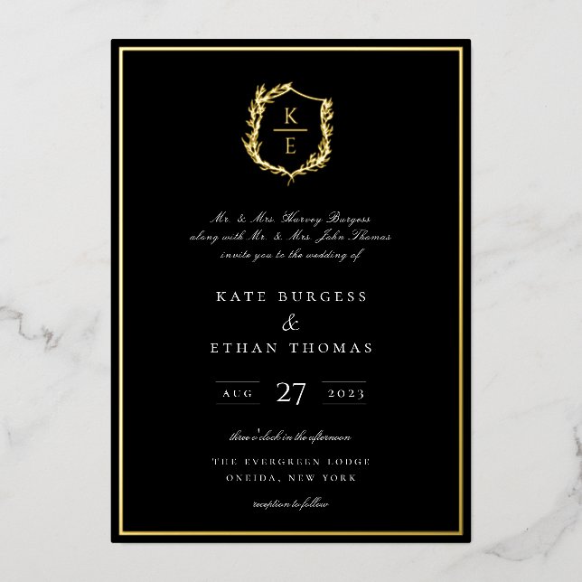 Botanical Crest Monogram Wedding Foil Invitation (Front)