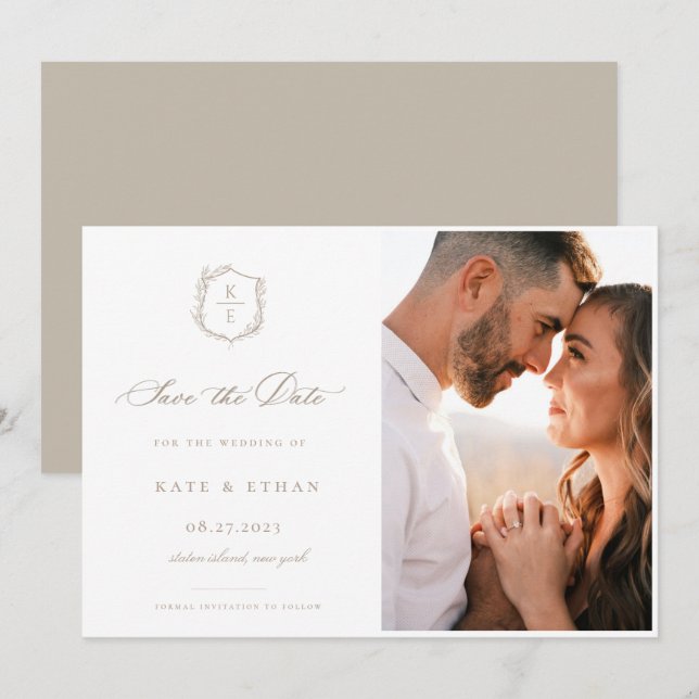 Botanical Crest Monogram Wedding Photo Save The Date (Front/Back)