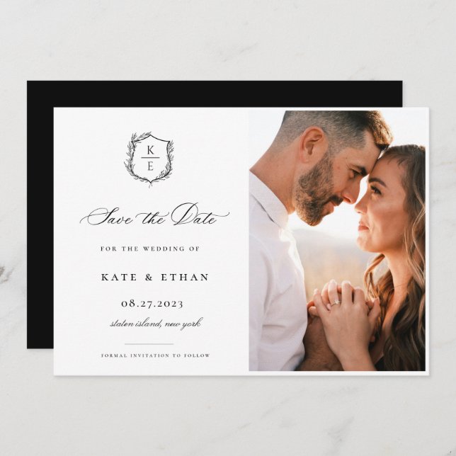 Botanical Crest Monogram Wedding Photo Save The Date (Front/Back)